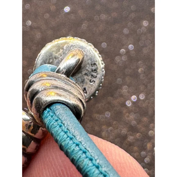 Pandora Turquoise double wrap Leather Silver Clasp Bracelet - Picture 7 of 7